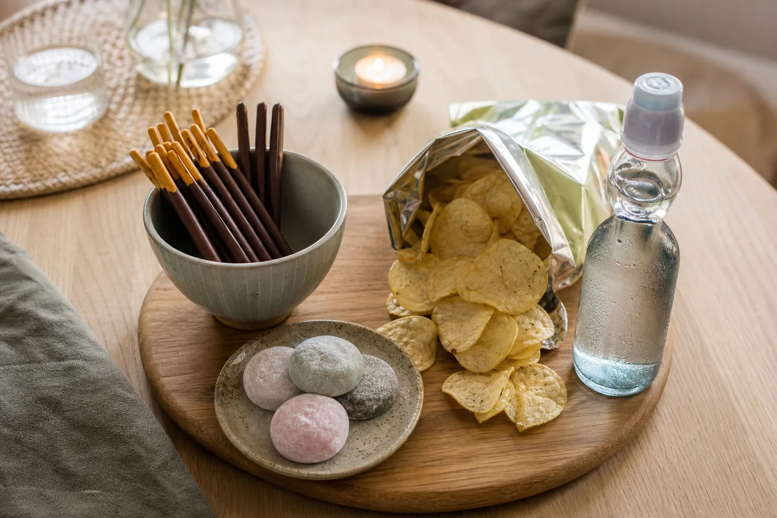 En snacksbricka med Pocky-pinnar, mochi, chips och en flaska ramune uppdukad på ett köksbord