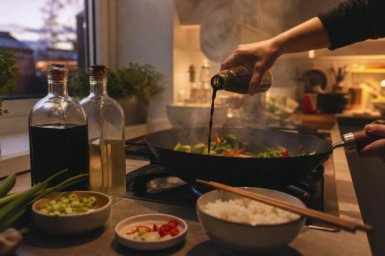 Flaskor med ljus och mörk sojasås bredvid en het wok med grönsaker och pinnar på ett köksbord