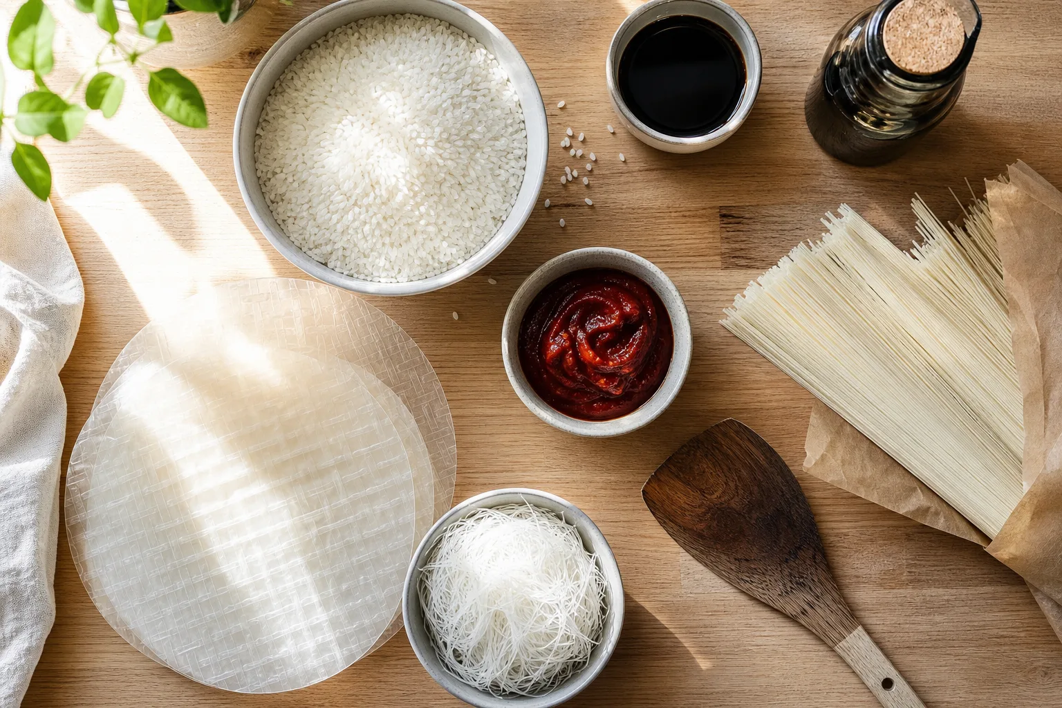 Asiatiska råvaror som sushiris, sojasås, gochujang och nudlar utlagda på ett köksbord