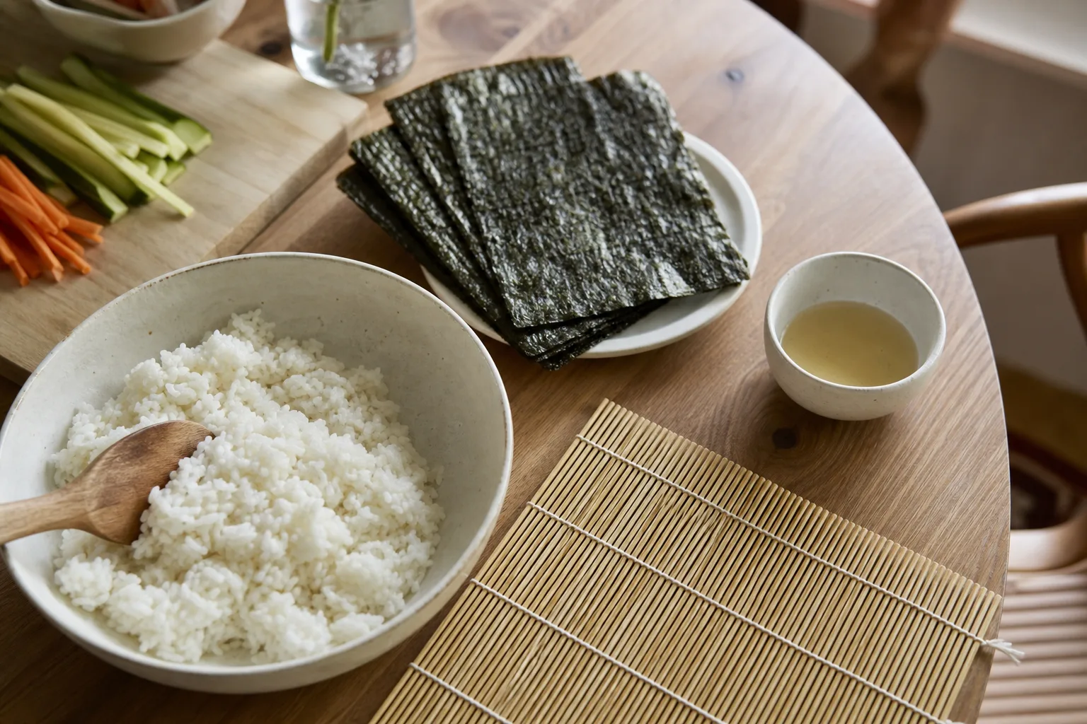 Sushiris, nori och en liten skål risvinäger uppradade på ett köksbord inför en sushikväll