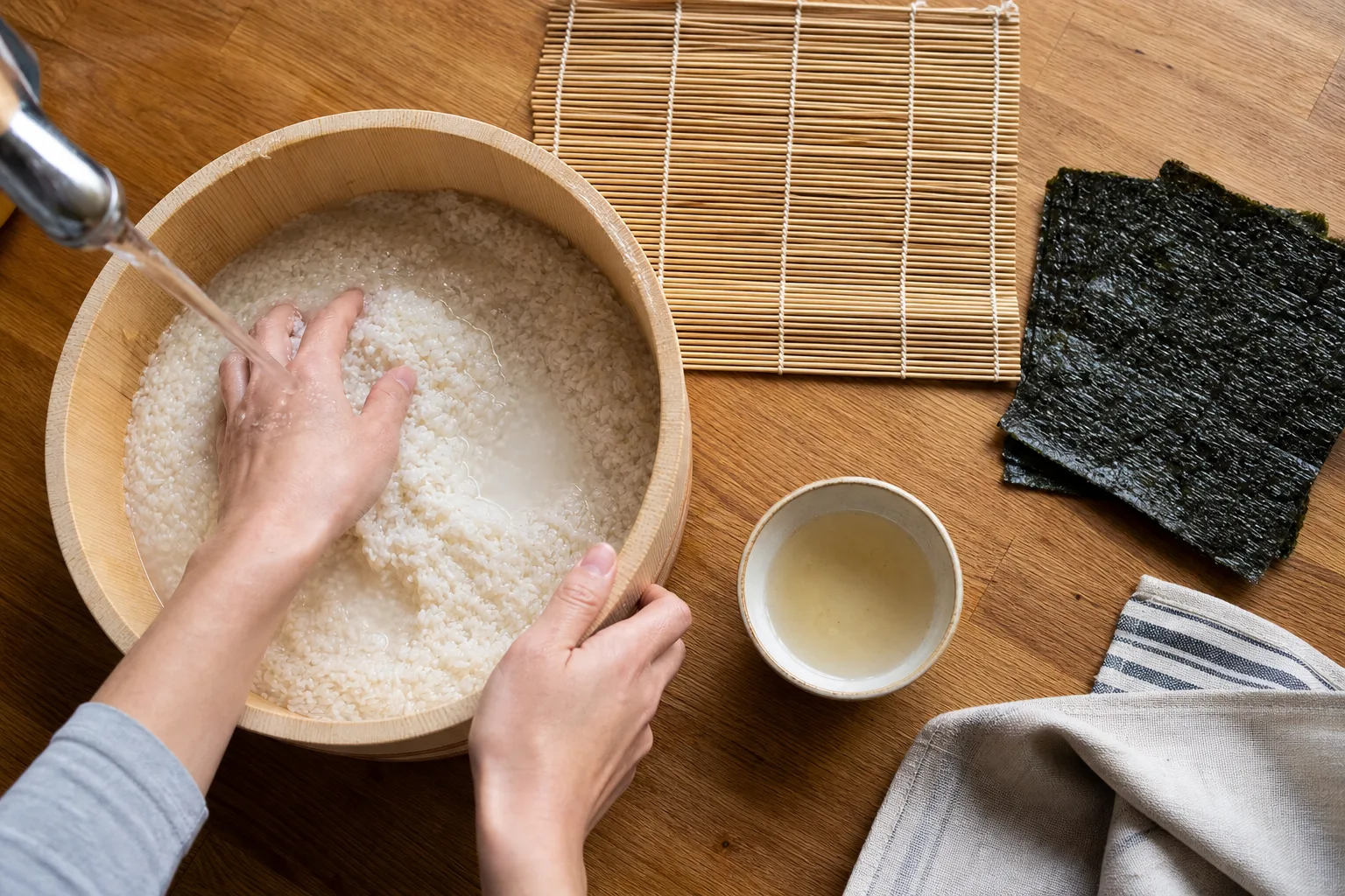 Nykokt sushiris sköljs i en skål bredvid en bambumatta och en skål med sushivinäger