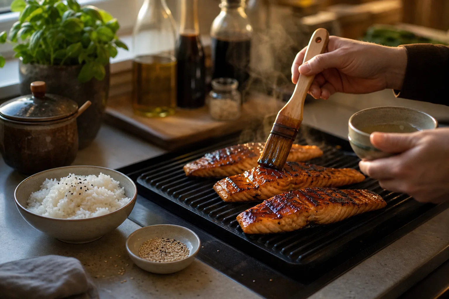 En hand penslar blank teriyakisås över laxfiléer på ett grillgaller medan ångan stiger