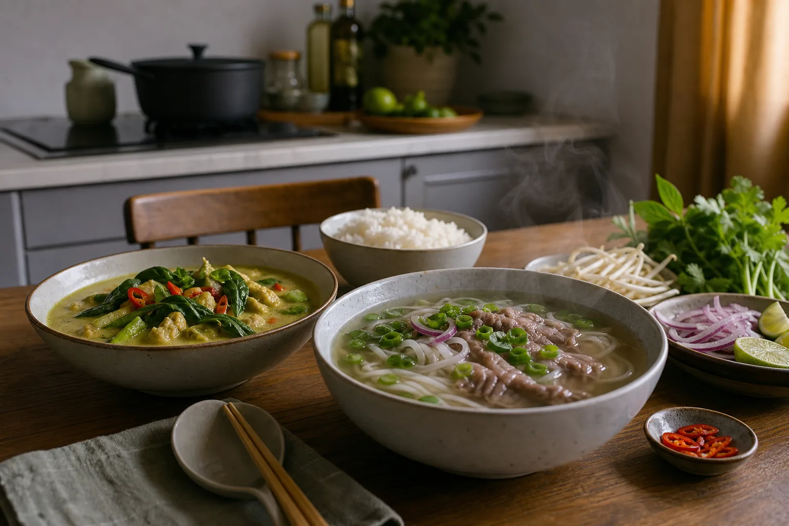 En skål thailändsk grön curry med ris och en skål vietnamesisk phở med färska örter står sida vid sida på ett köksbord