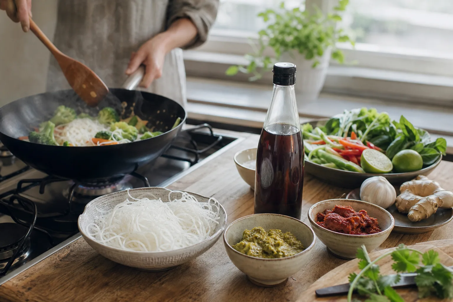 Wokpanna med grönsaker och risnudlar bredvid flaskor fisksås och skålar med röd och grön currypasta på ett köksbord