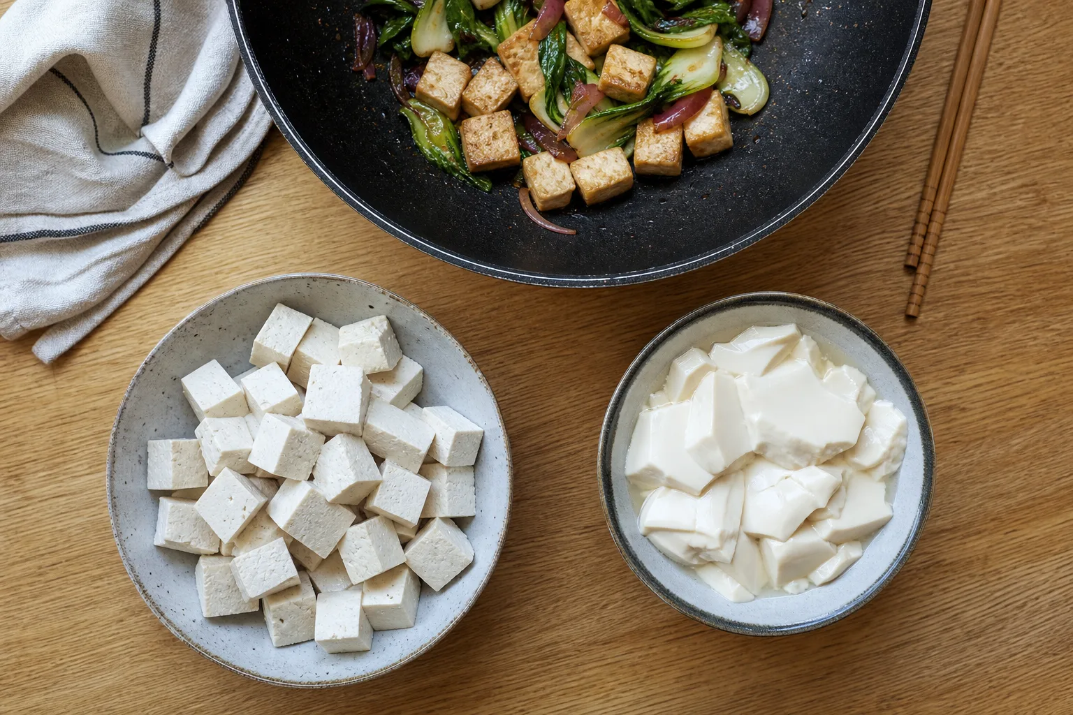 Tärnad fast tofu bredvid en skål silkeslen tofu på ett köksbord med wokpanna och pinnar