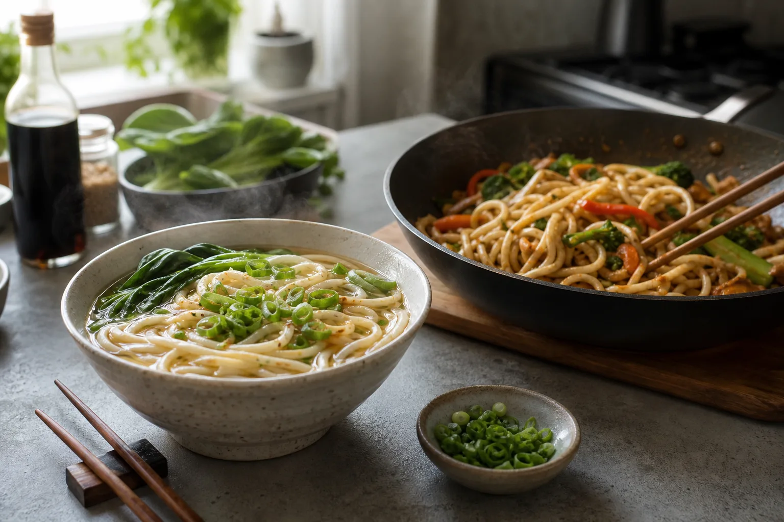 Skål med udonnudlar i het buljong bredvid en stekpanna med yaki udon och grönsaker