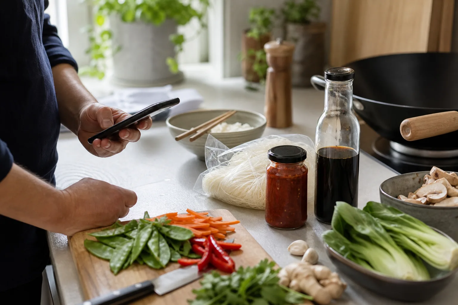 Sojasås, currypasta och risnudlar uppställda på en köksbänk bredvid en mobiltelefon