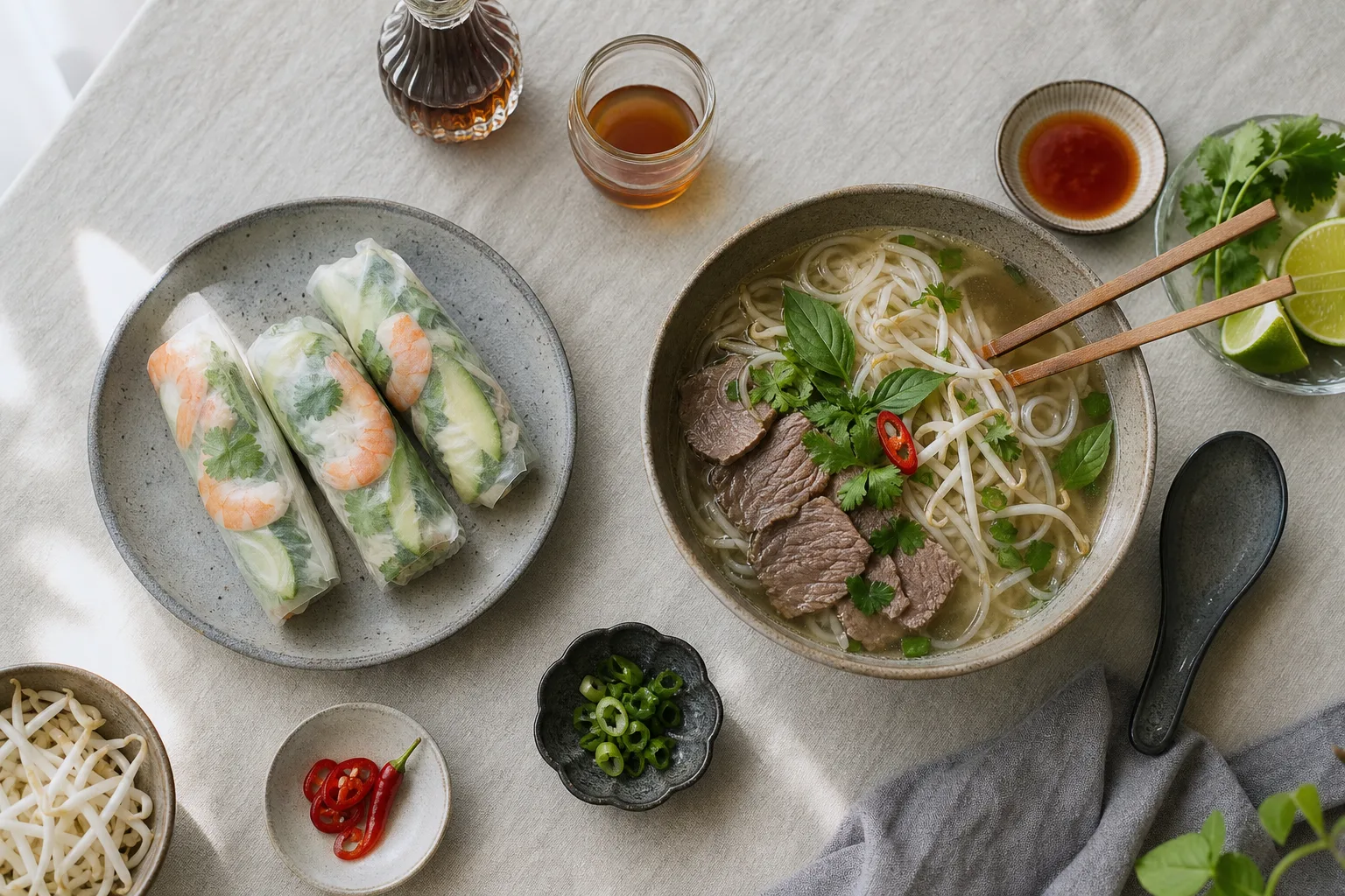 Skål med het phở-buljong och risnudlar bredvid färska vårrullar rullade i rispapper med grönsaker och örter