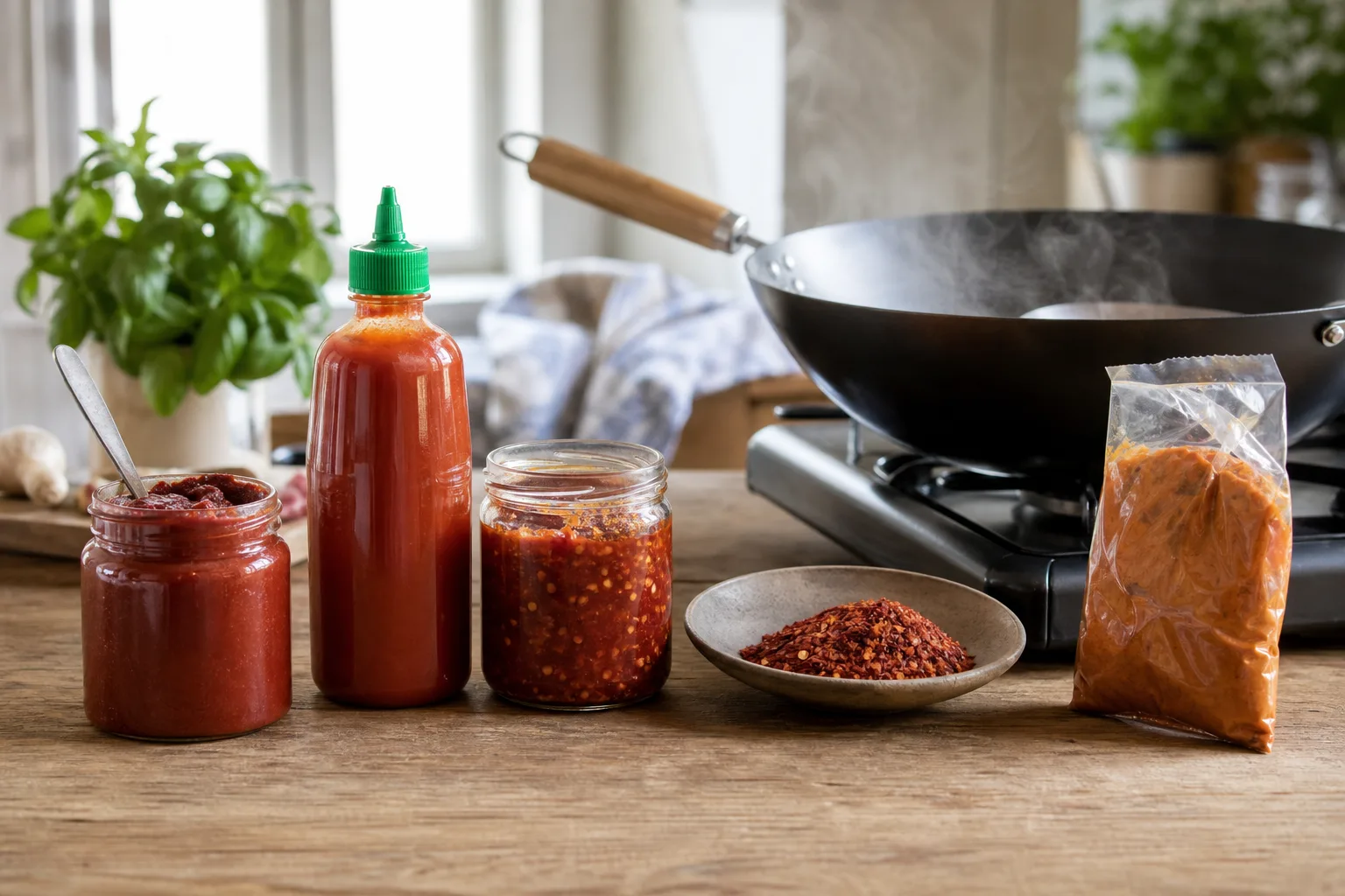Fem olika chiliformer uppställda på ett köksbord: en burk gochujang, en flaska sriracha-liknande chilisås, sambal oelek, gochugaru-flingor och röd currypasta