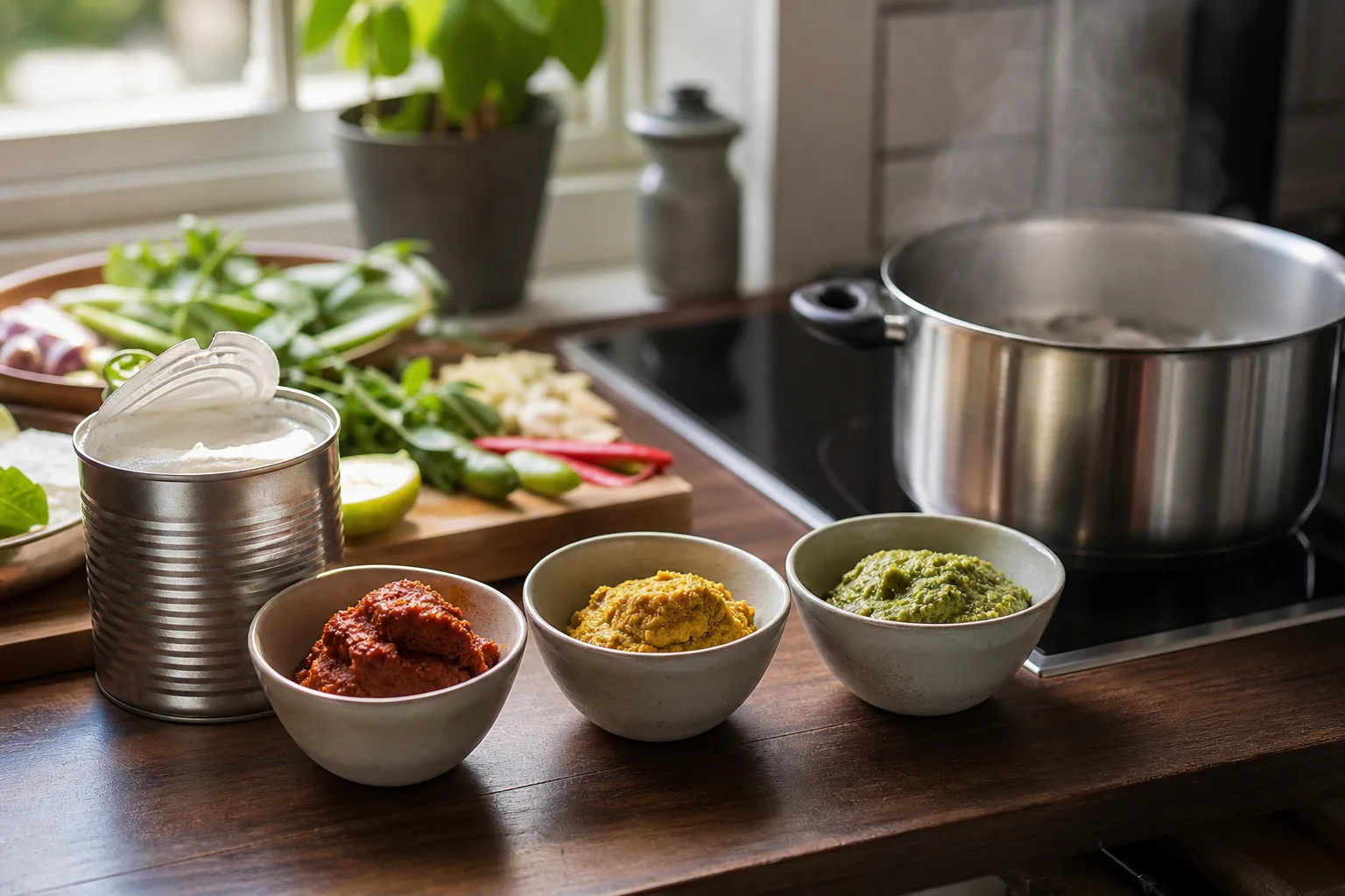 Tre skålar med röd, gul och grön currypasta står uppställda på en köksbänk bredvid en burk kokosmjölk