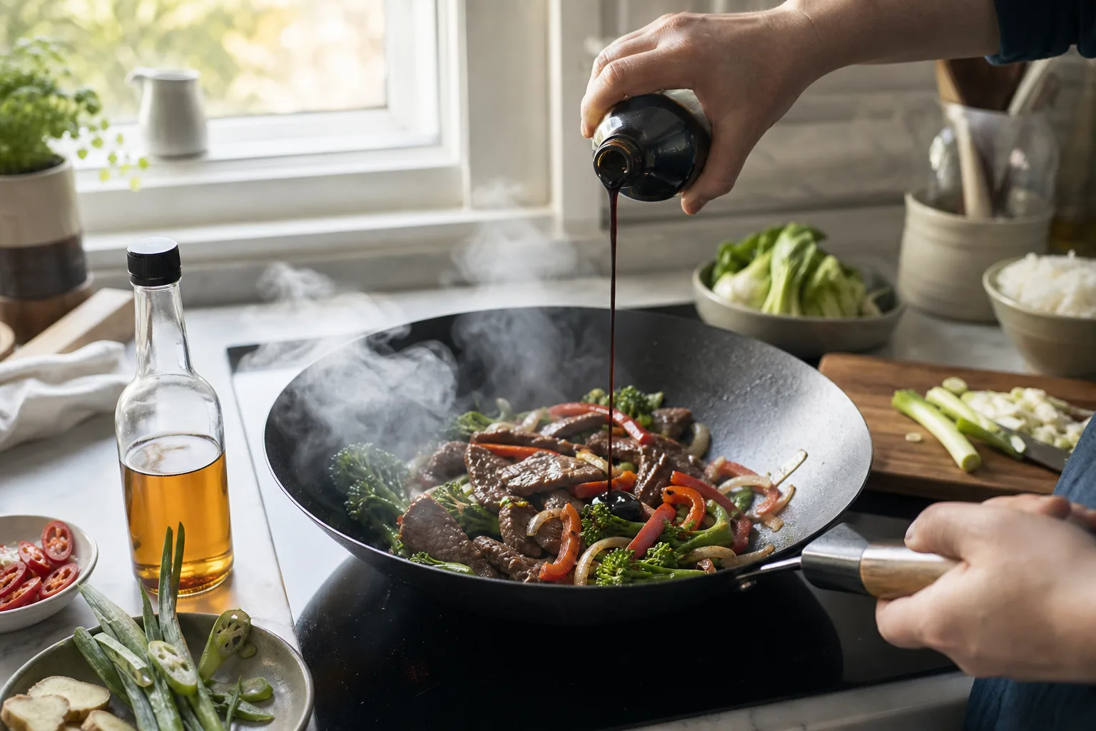 En sked mörk sojasås hälls i en rykande het wok med nötkött och grönsaker, med en flaska ljus sojasås bredvid spisen