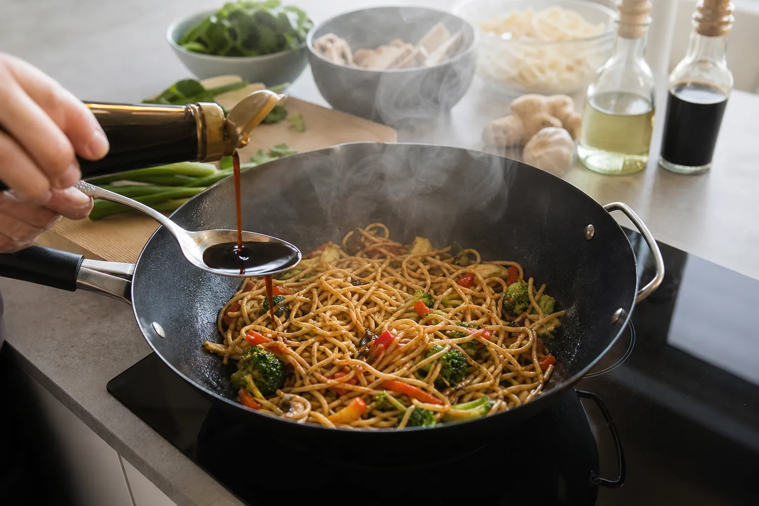 En rykande het wok med nudlar, grönsaker och en sked mörk sojasås som hälls i från sidan