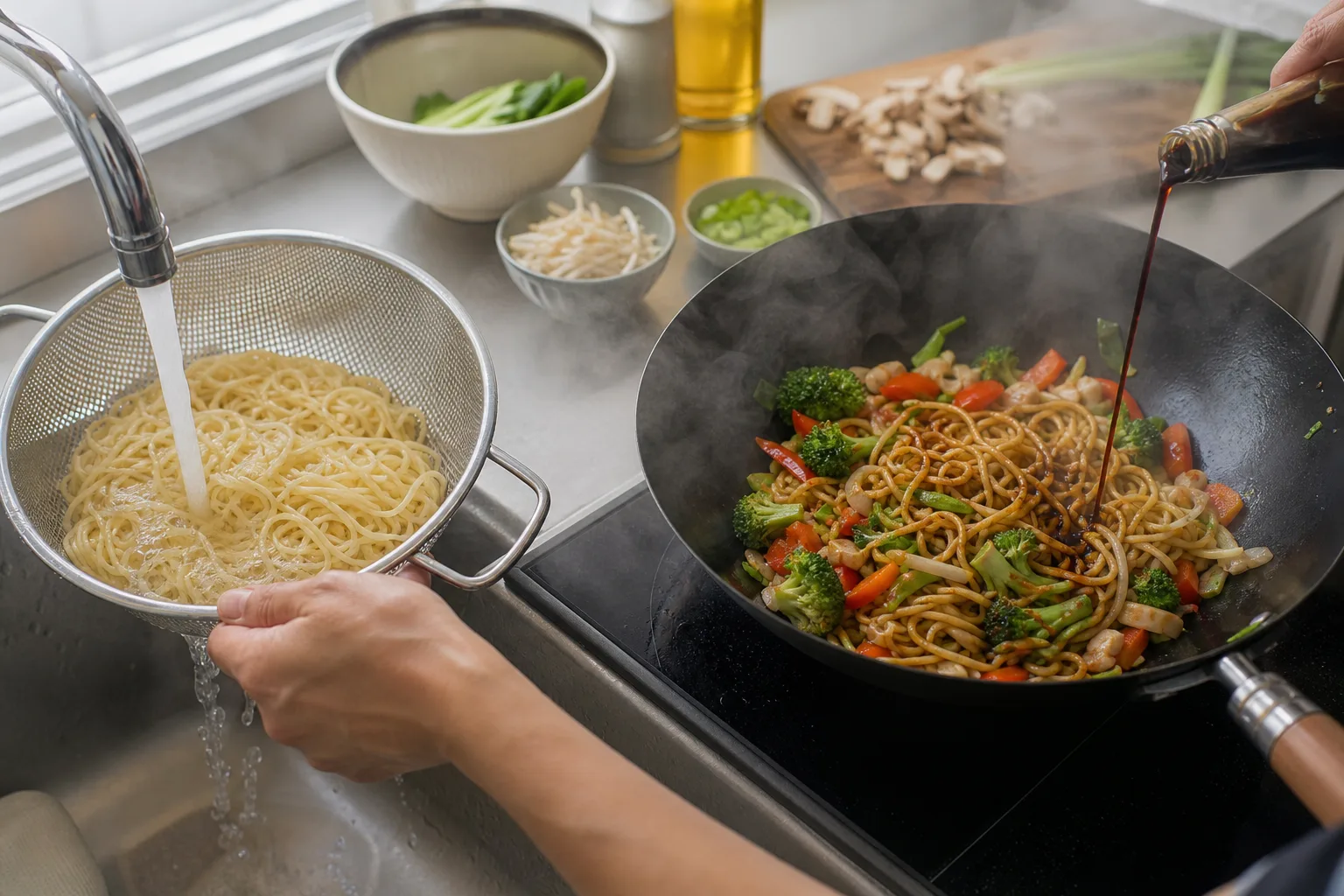 Äggnudlar vänds i en rykande het wok tillsammans med grönsaker